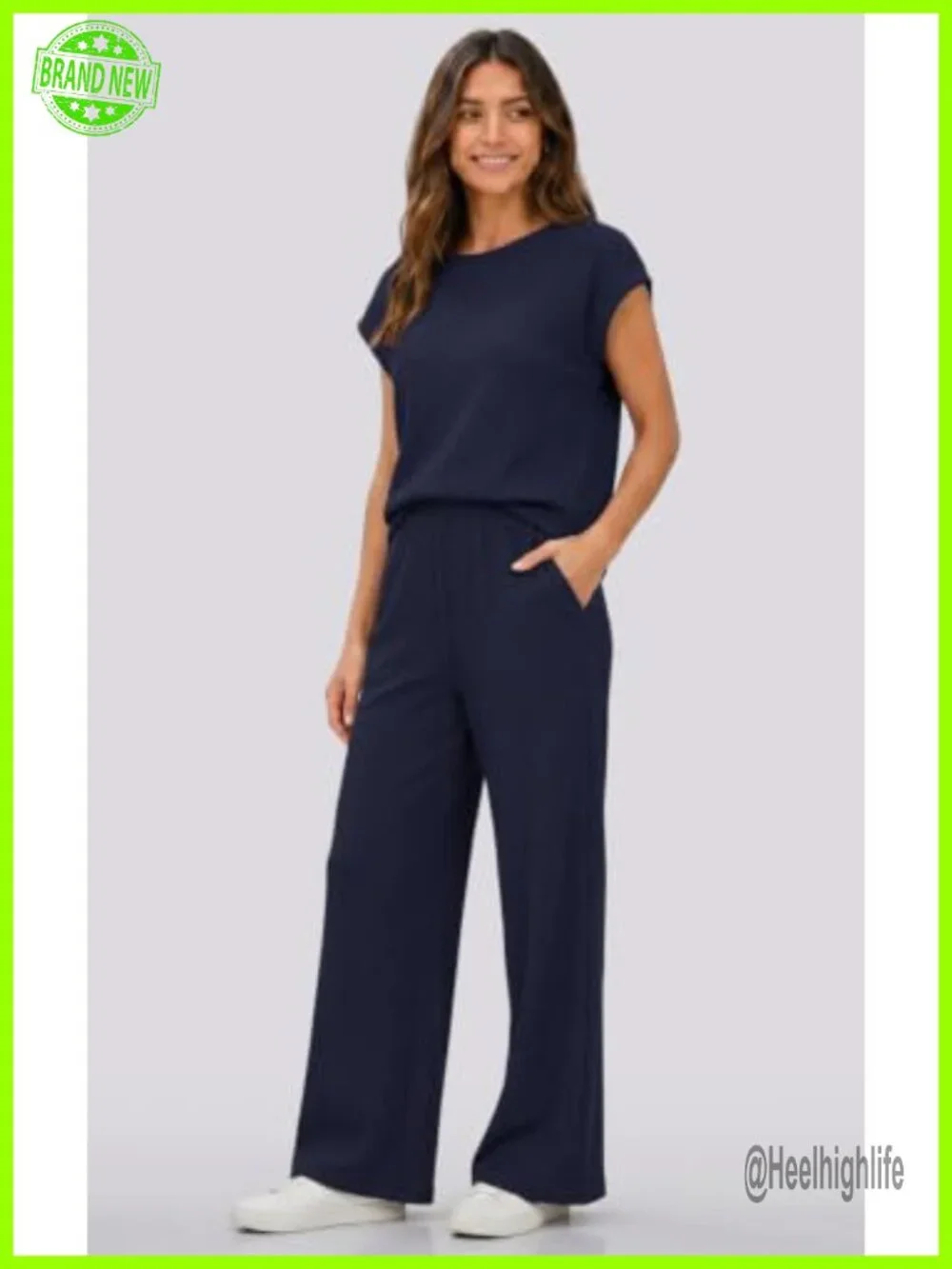 Waffle Knit 2 Piece Lounge Set with Cap Sleeves Top & Wide Leg Pants with